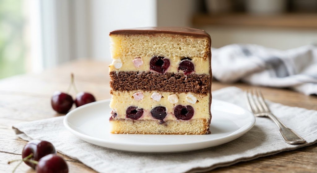 Layered cherry marshmallow cake with chocolate glaze