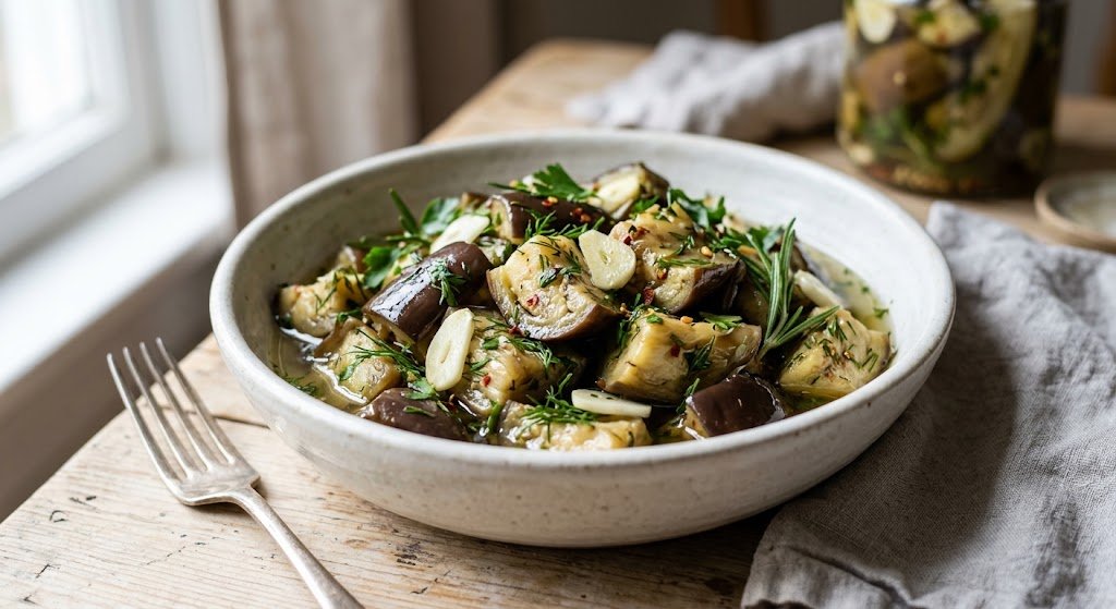 Glossy quick-pickled eggplant with herbs and garlic