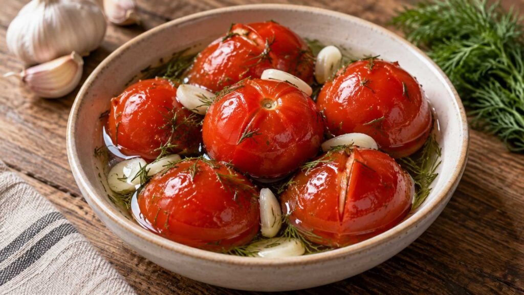 Small red salted tomatoes with garlic and dill in clear brine