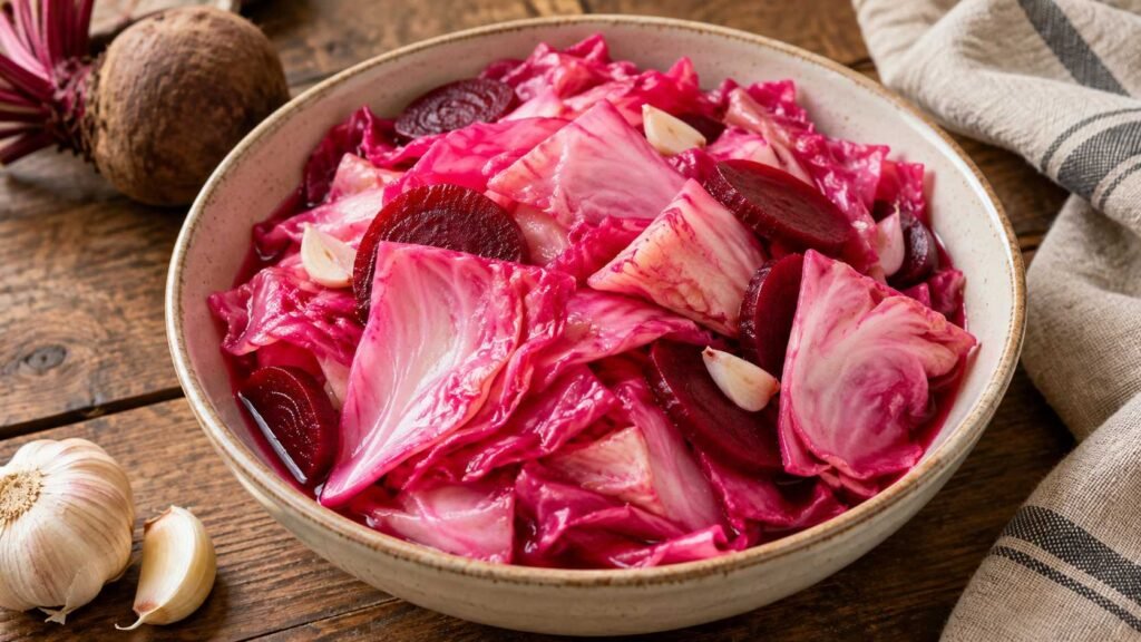 Pink pickled cabbage petals with beet slices and garlic in brine