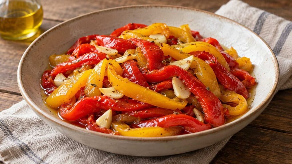 Pickled sweet pepper strips with sliced garlic in light vinegary dressing