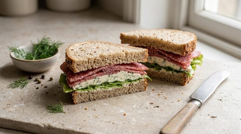 image of salami cream cheese sandwiches with fresh dill and lettuce