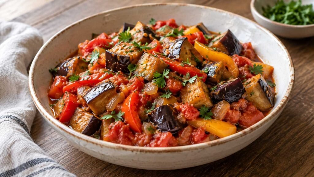Tender sauteed eggplant with tomatoes peppers onions and parsley in a bowl