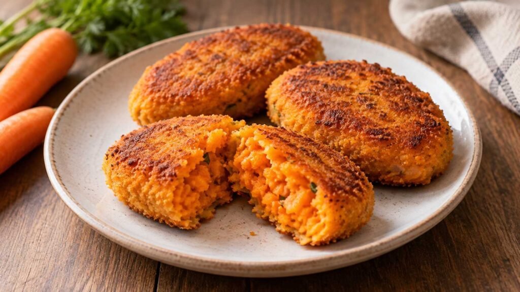 Golden carrot cutlets with crisp edges and soft orange mashed centers