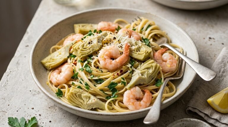 image of shrimp and artichoke linguine with lemon garlic butter
