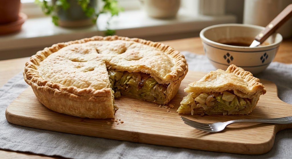 Golden savoury cabbage pie with tender pastry