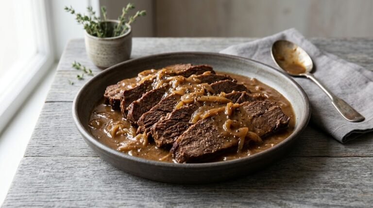 image of slow cooker beef brisket with savoury onion gravy
