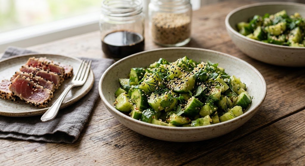 Crunchy smashed cucumbers with sesame garlic dressing
