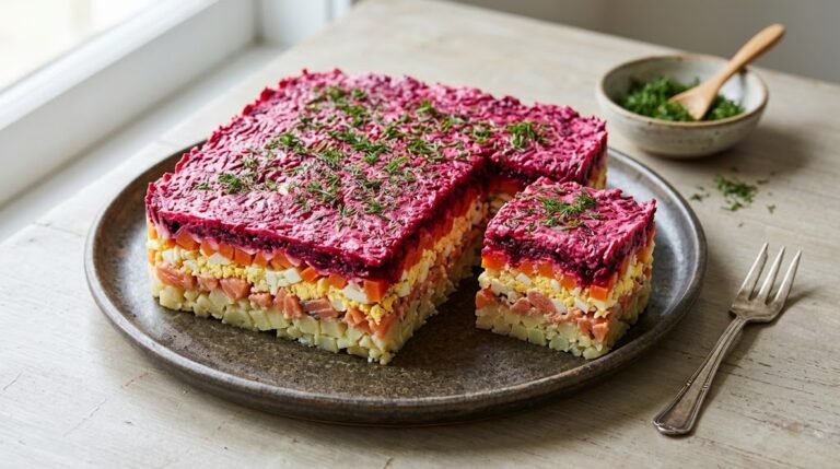 image of smoked salmon shuba salad with colourful vegetable layers