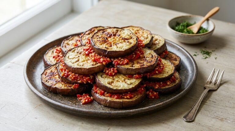 image of spicy eggplant slices with garlic and red pepper sauce