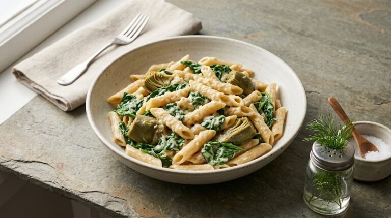 image of spinach and artichoke pasta with cream cheese sauce
