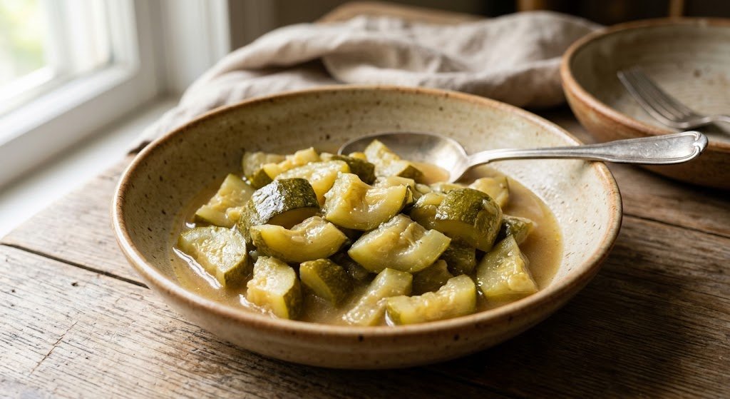 Tender stewed zucchini with a soft savoury finish
