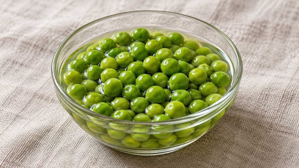 Bright green peas chilling in clear sweet sour refrigerator dressing