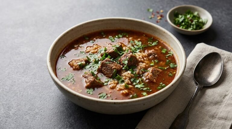 image of tangy kharcho style beef soup with rice and herbs