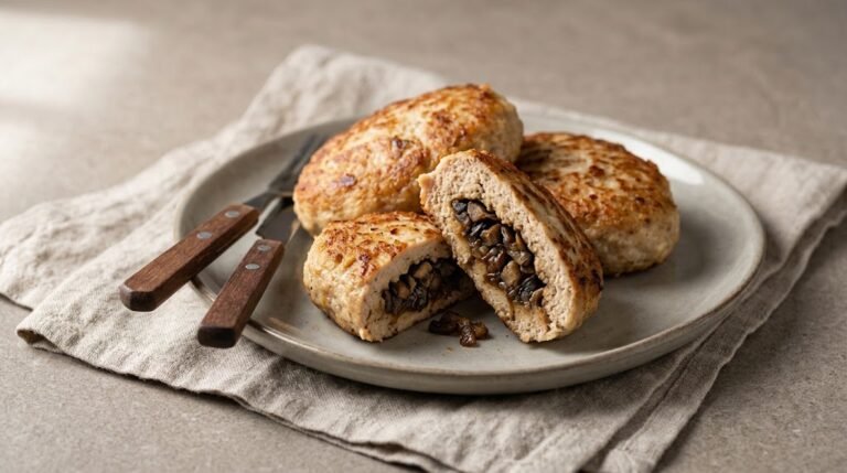 image of turkey kotlety with a browned mushroom and onion centre