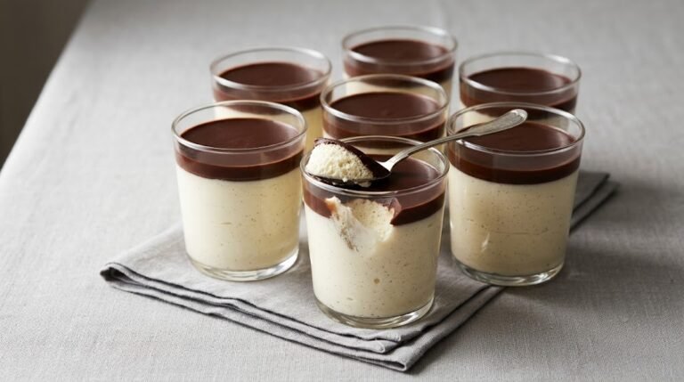 Vanilla Mousse with a Dark Chocolate Topping 1 image of vanilla mousse with a silky dark chocolate layer