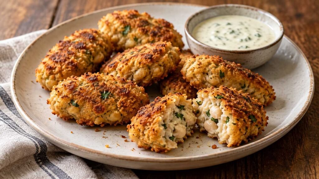 Golden breadcrumb coated bean patties revealing pale textured centers and parsley