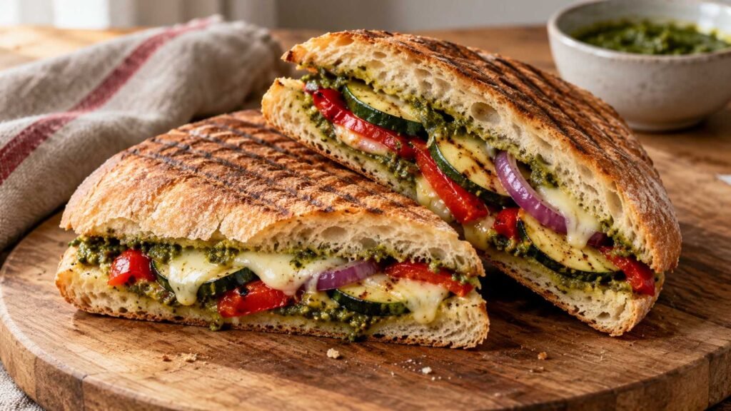 Pressed vegetable panini revealing pesto zucchini peppers onions and melted mozzarella