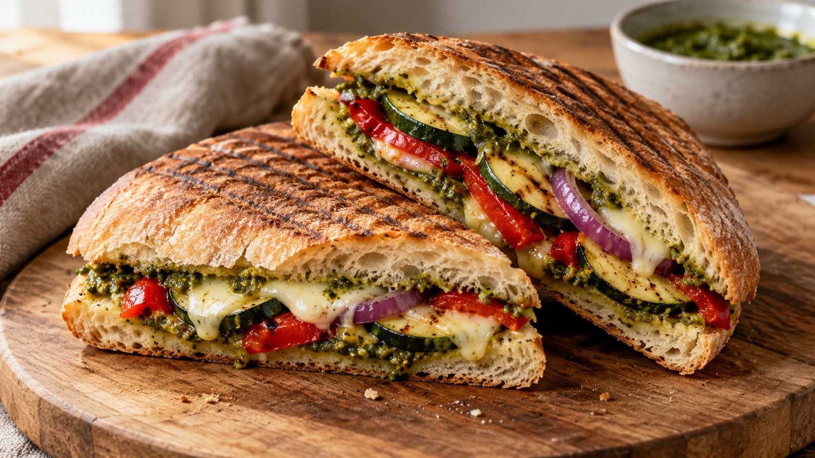 Pressed Vegetable Panini with Pesto and Cheese