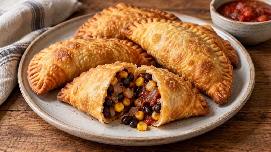 Golden fried empanadas revealing black beans corn and savory vegetable filling