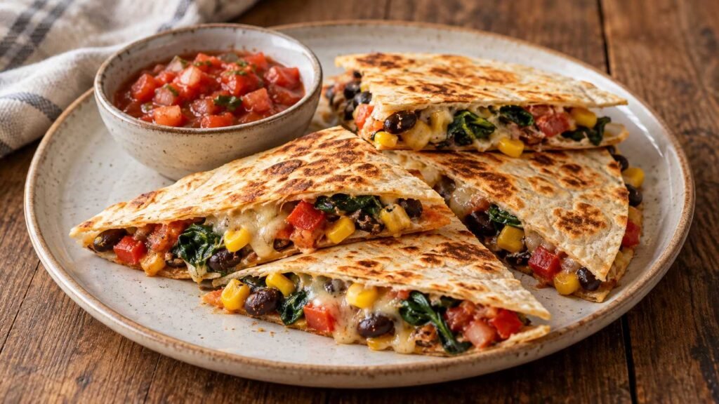 Golden quesadilla wedges filled with beans cheese corn peppers and spinach