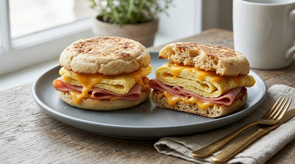 Breakfast Sandwich with Egg, Ham and Cheddar