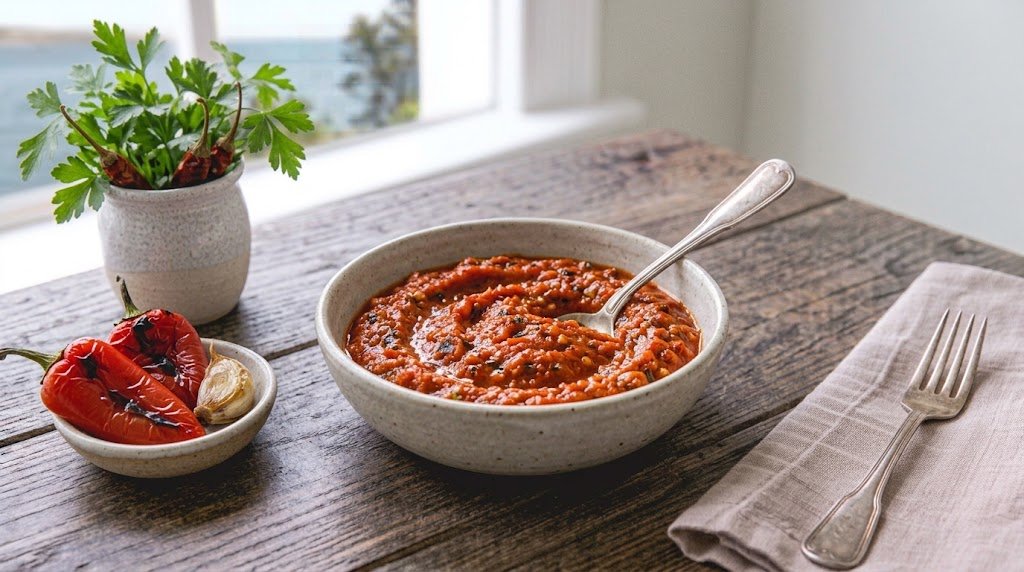 Freshly prepared homemade Ajvar served on a rustic plate ready to enjoy.