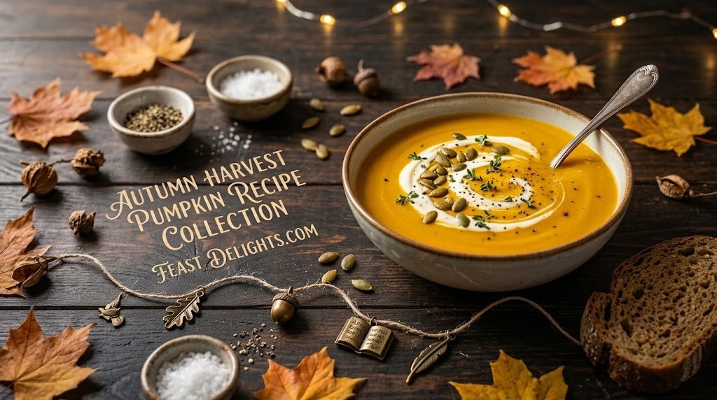 Warm bowl of creamy pumpkin soup garnished with roasted seeds