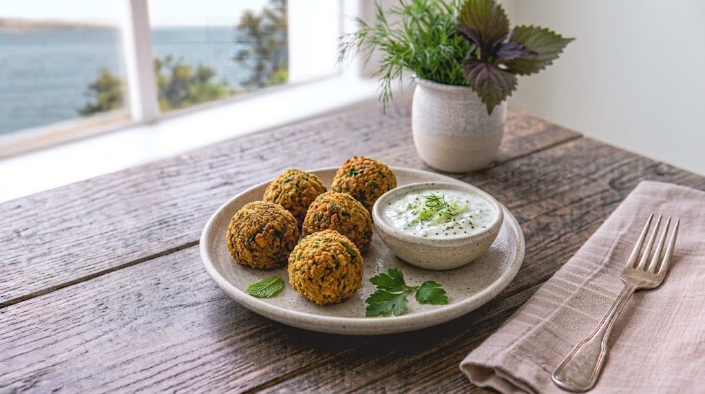 Freshly prepared homemade Falafel with Tzatziki Sauce served on a rustic plate ready to enjoy.