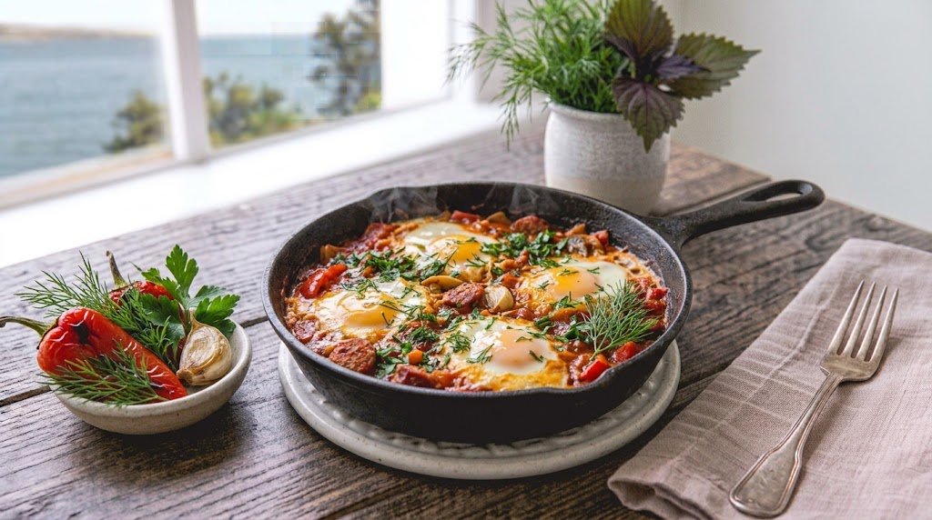 Freshly prepared homemade Shakshuka Recipe in Ukrainian served on a rustic plate ready to enjoy.