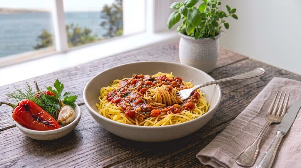 Freshly prepared homemade Spaghetti Squash with Marinara served on a rustic plate ready to enjoy.