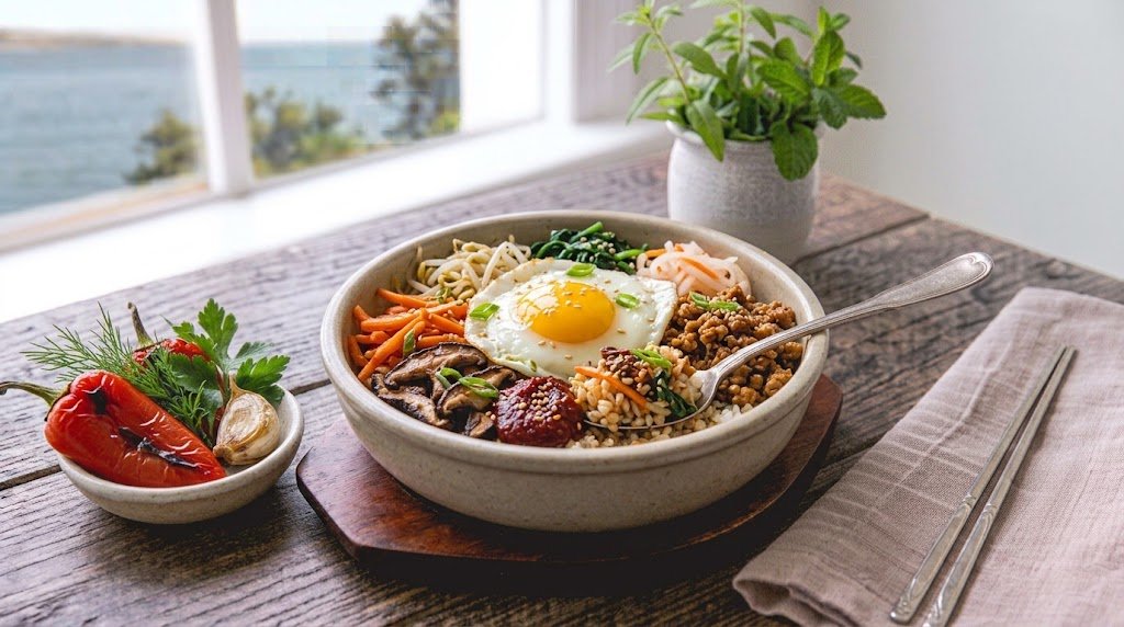 Freshly prepared homemade Vegan Bibimbap served on a rustic plate ready to enjoy.