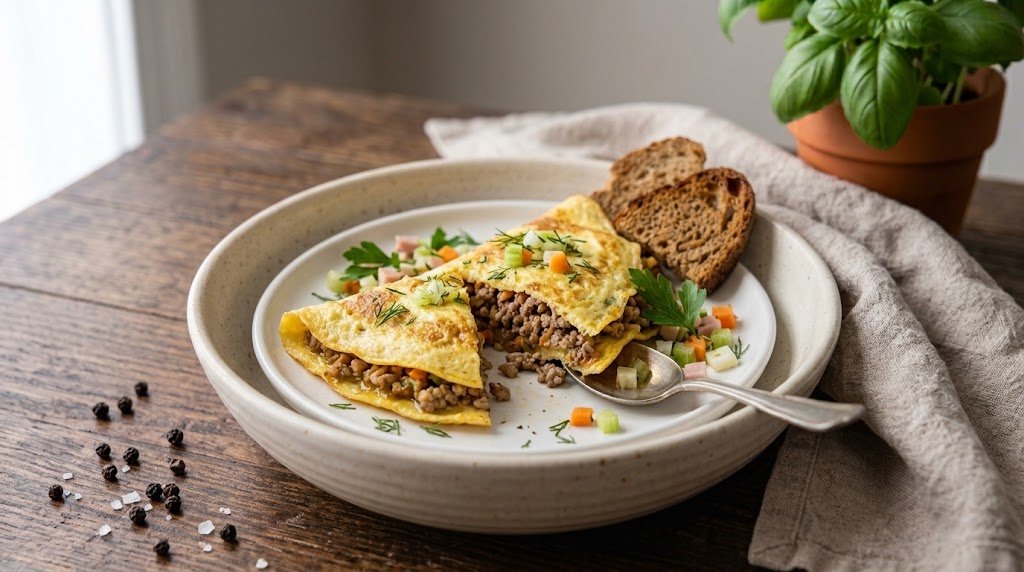 Freshly prepared homemade Brizol Omelette served on a rustic plate ready to enjoy.