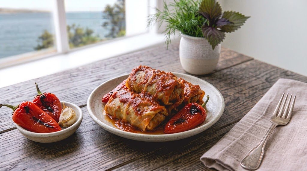 Freshly prepared homemade Cabbage Rolls with Potatoes served on a rustic plate ready to enjoy.