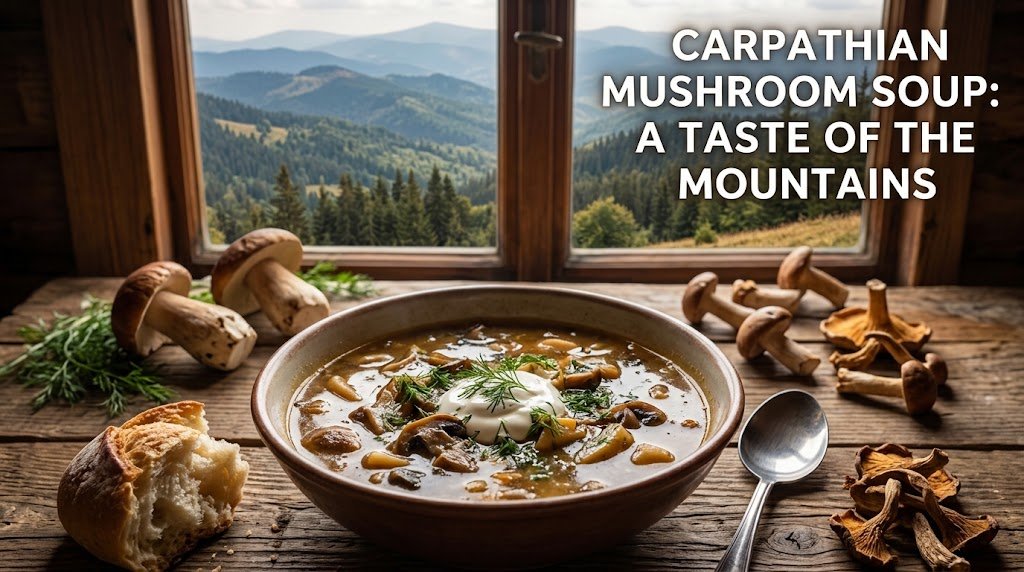 A bowl of Carpathian mushroom soup on a rustic wooden table with the Carpathian mountains in the background.