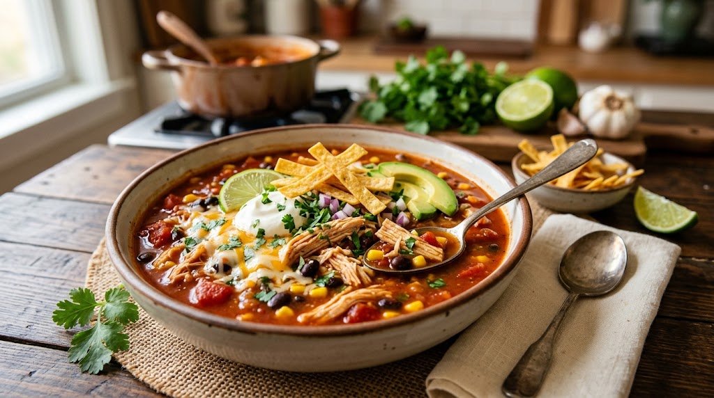 A rustic bowl of hearty chicken enchilada soup loaded with shredded chicken, beans, corn, and toppings like avocado and tortilla strips