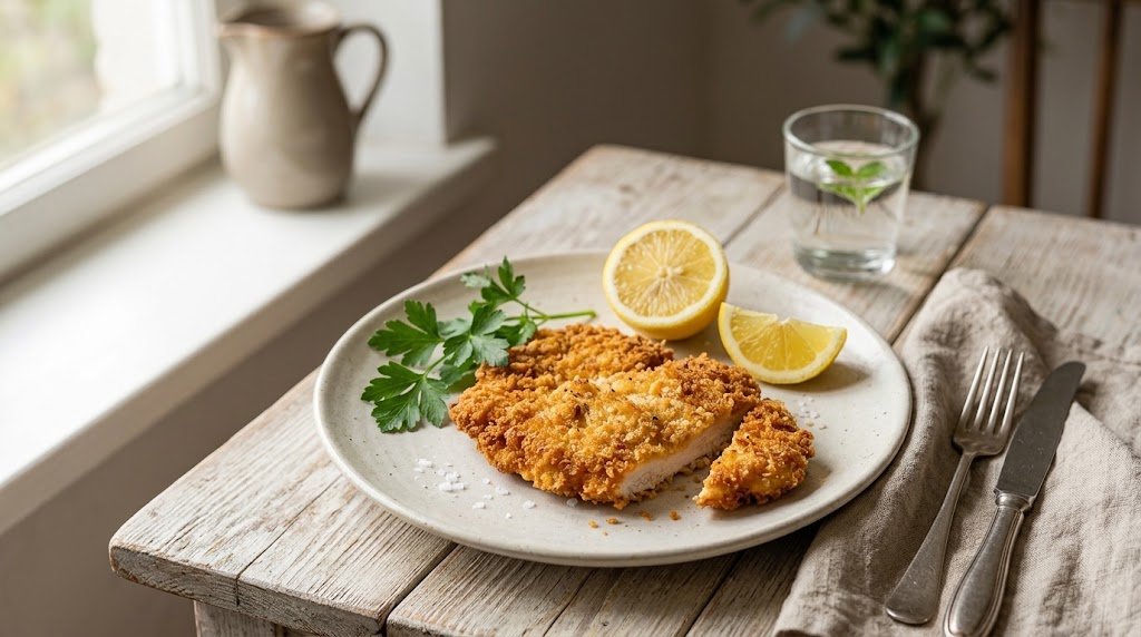 Freshly prepared homemade Chicken Schnitzel served on a rustic plate ready to enjoy.