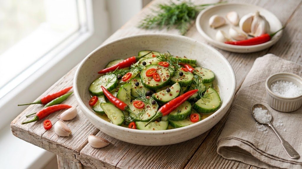 Freshly prepared homemade Chili Cucumber served on a rustic plate ready to enjoy.