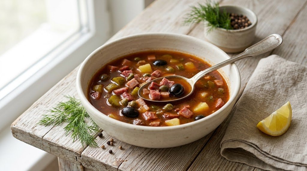 Freshly prepared homemade Classic Solyanka Soup served on a rustic plate ready to enjoy.