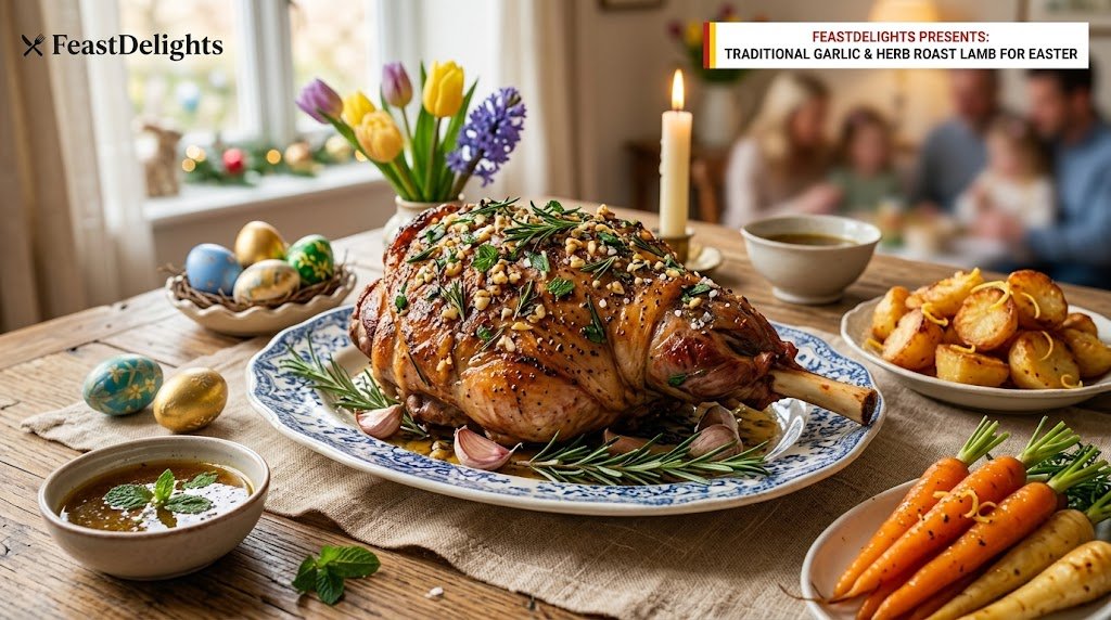 A roasted leg of lamb seasoned with garlic, rosemary, and mint, garnished with fresh herbs and served on a platter.