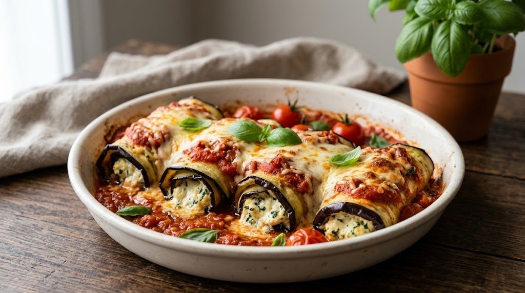 Freshly prepared homemade Eggplant Rollatini served on a rustic plate ready to enjoy.
