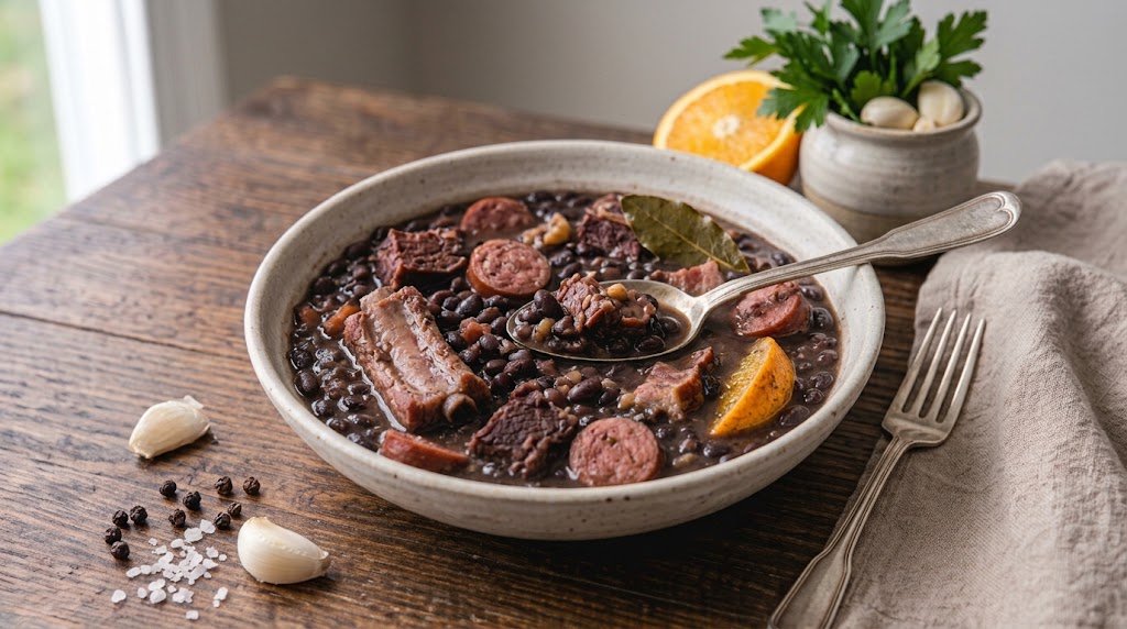 Finished Feijoada Brazilian Black Bean Stew for Celebratioecipens R, presented as the featured image for the recipe.