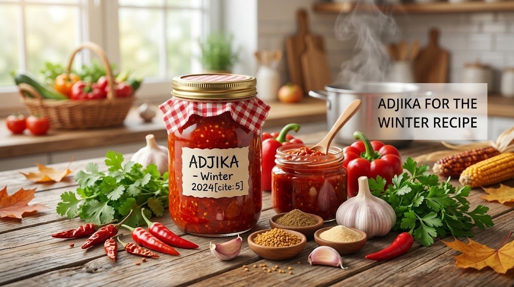 A rustic kitchen table with homemade jars of spicy Adjika sauce, fresh red peppers, garlic, and chilies, ready for winter.