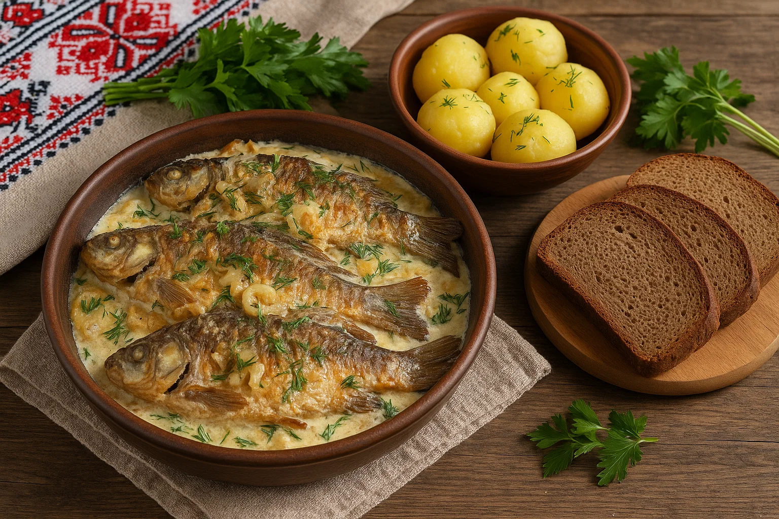 Crucian Carp in Sour Cream with Soft Onions