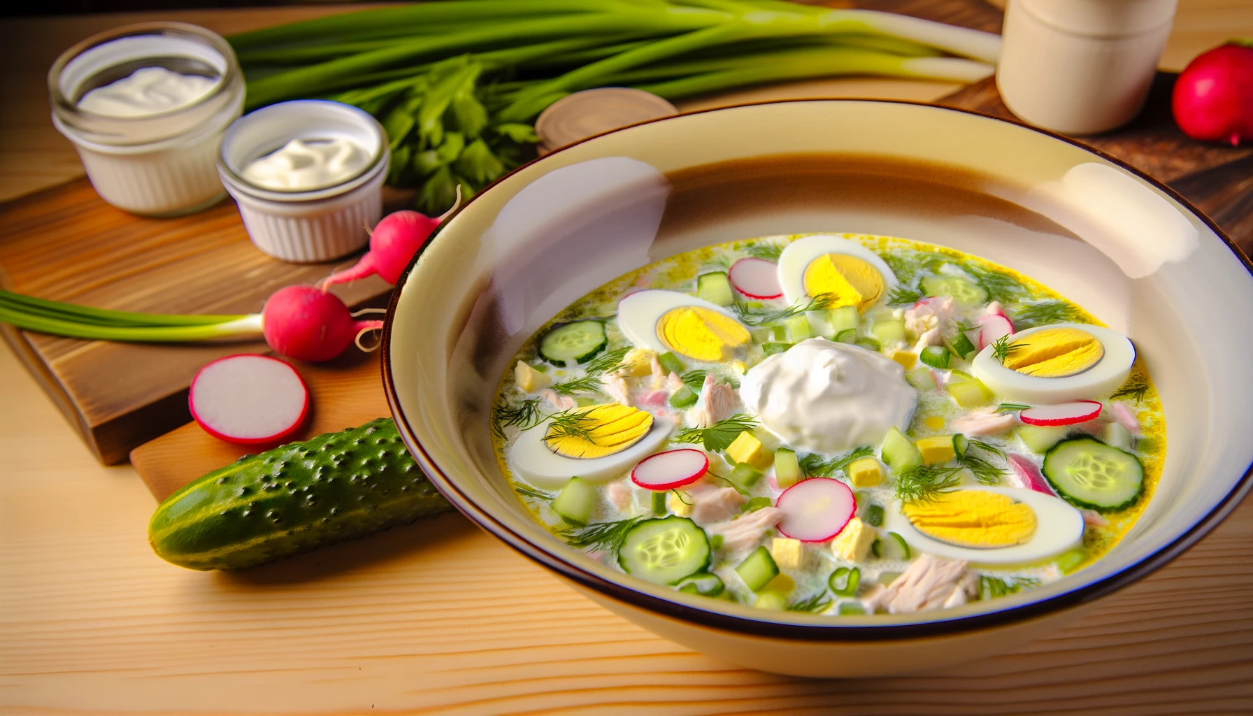 Chilled Chicken Okroshka with Kefir and Sour Cream