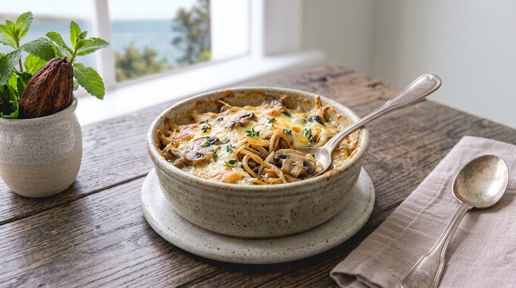 Freshly prepared homemade Julienne with Mushrooms served on a rustic plate ready to enjoy.