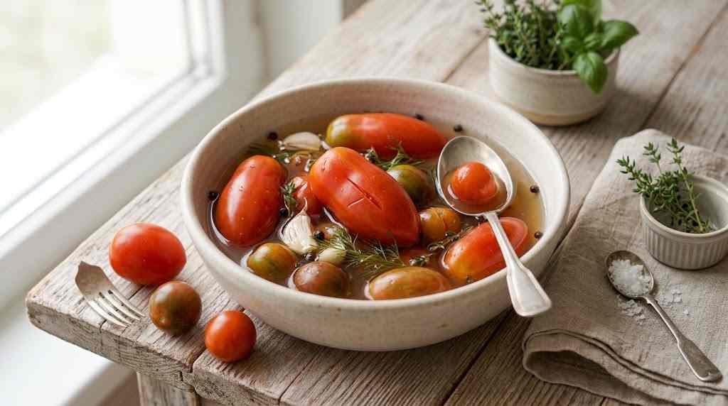 Freshly prepared homemade Own Juice Tomatoes served on a rustic plate ready to enjoy.
