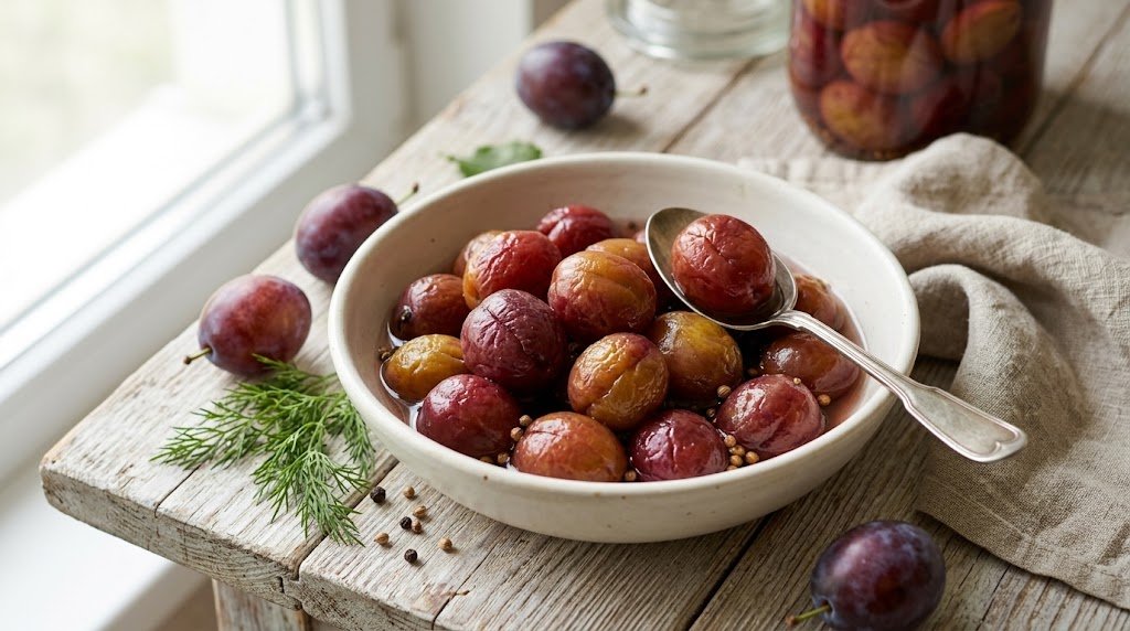 Freshly prepared homemade Pickled Plums Recipe in Ukrainian served on a rustic plate ready to enjoy.
