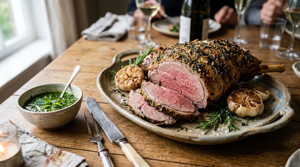 Succulent herb-roasted lamb slices garnished with fresh rosemary and roasted garlic, served with homemade green mint sauce in a small dish.