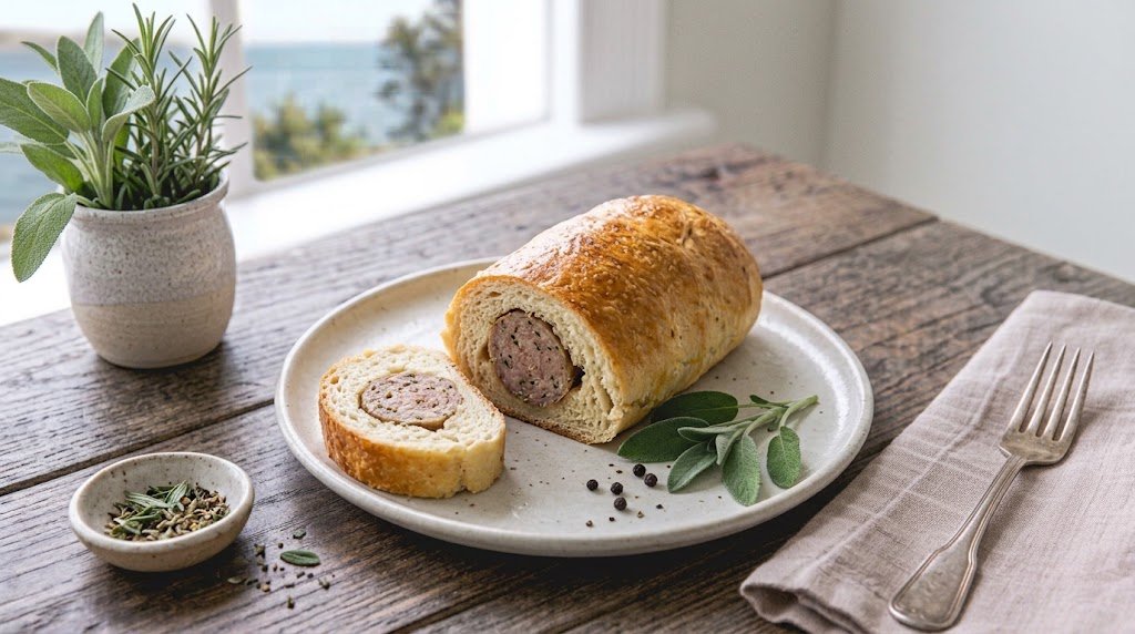 Recent prepared homemade Sausage in Dough Recipe for Yeast Dough served on a rustic plate ready to enjoy.